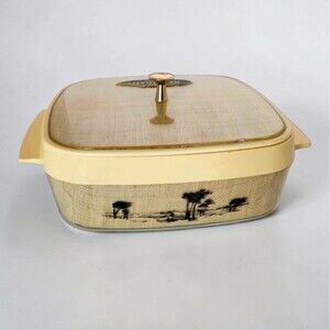 Vintage 1960s Thermo-Serv Insulated Casserole Server Tropical Scene MCM 9.5"